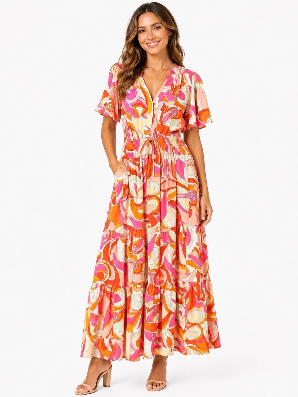 THML Anthropologie Pink, Orange & Cream Swirl Maxi Dress Xs